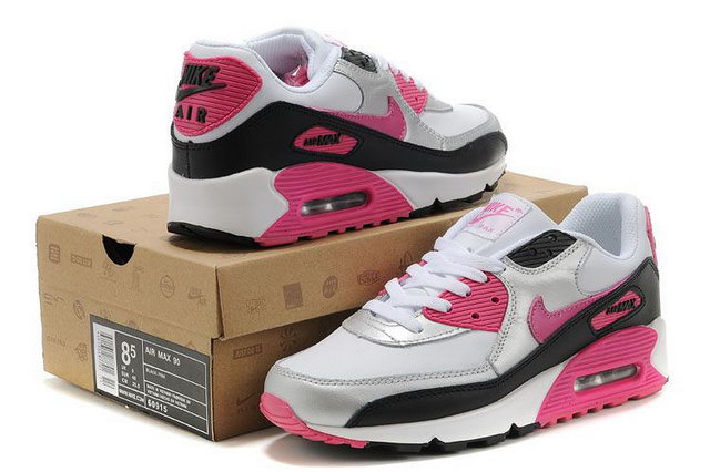 Womens Nike Air Max 90 White Black Pink Silver Shoes